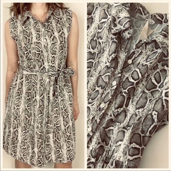 Laura Bianchi 100% Linen Snake Python Print Tie Waisted Sleeveless Shirt Dress - Picture 3 of 8